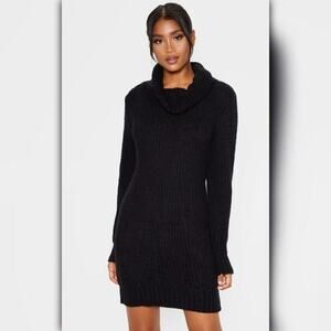 B3 / A308 • Black Cowl Neck Cable Knit Tunic Sweater Dress
